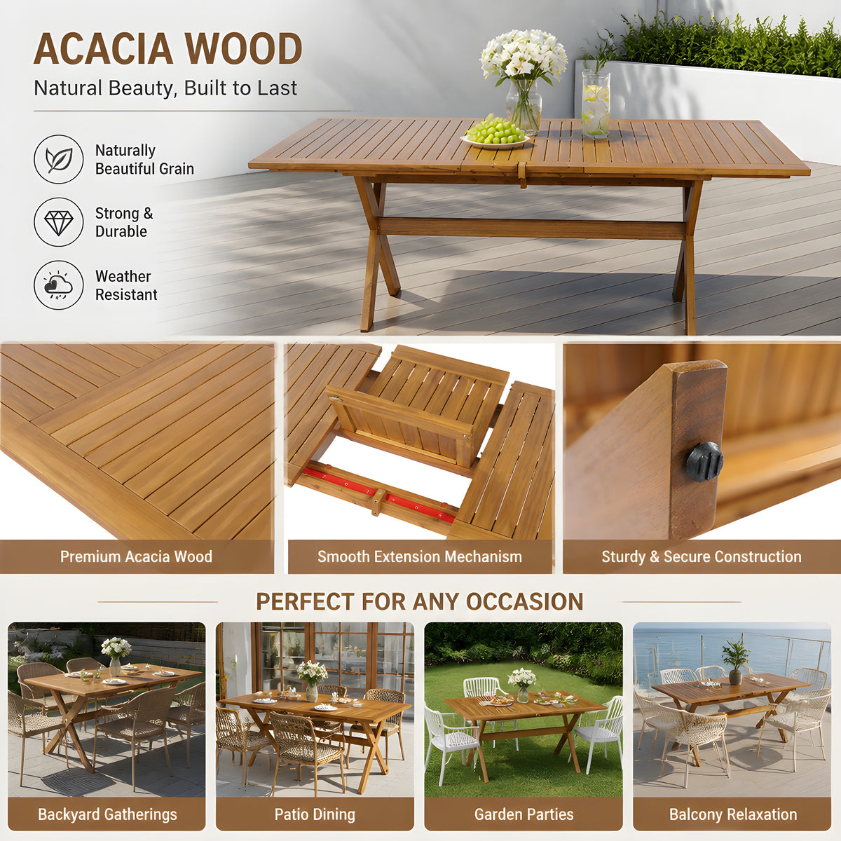 7 Pieces Acacia Wood Outdoor Dining Set with Cushions