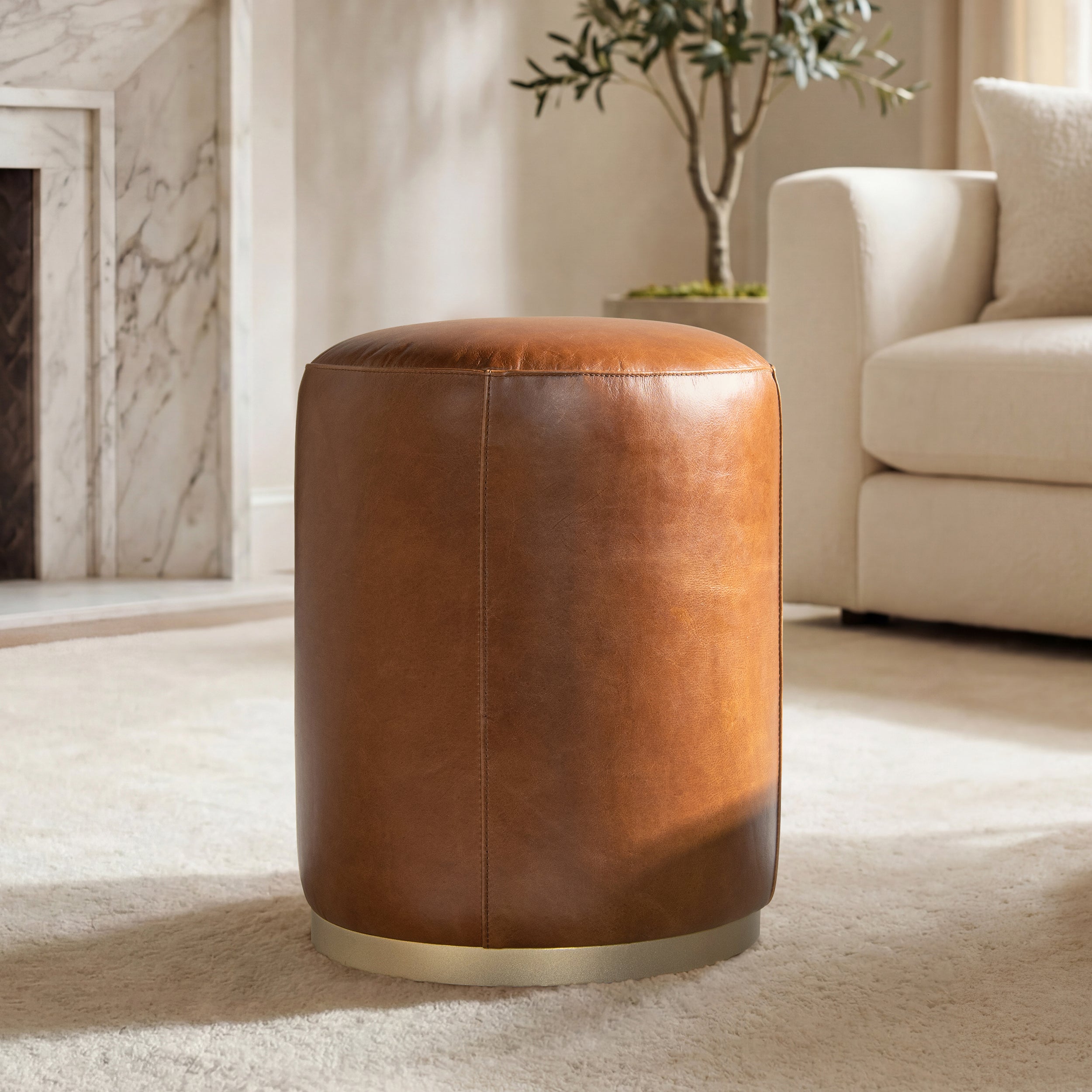Nico 16" Round Leather Ottoman Stool, Camel
