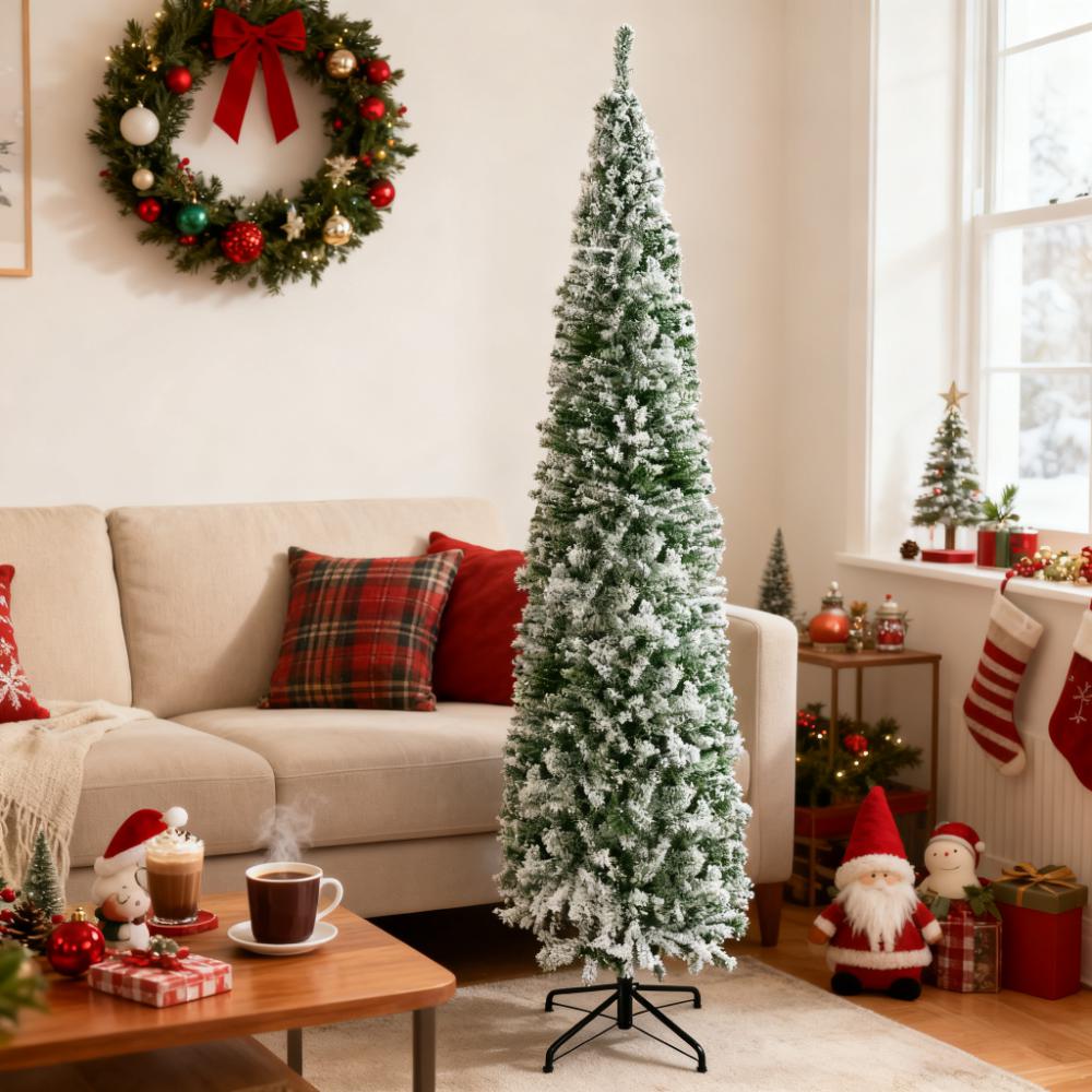 9ft Flocked Pencil Christmas Tree with Faux Snow