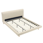 Beige Chunky Headboard Bed Frame, Solid Rubberwood Legs, Cal-King