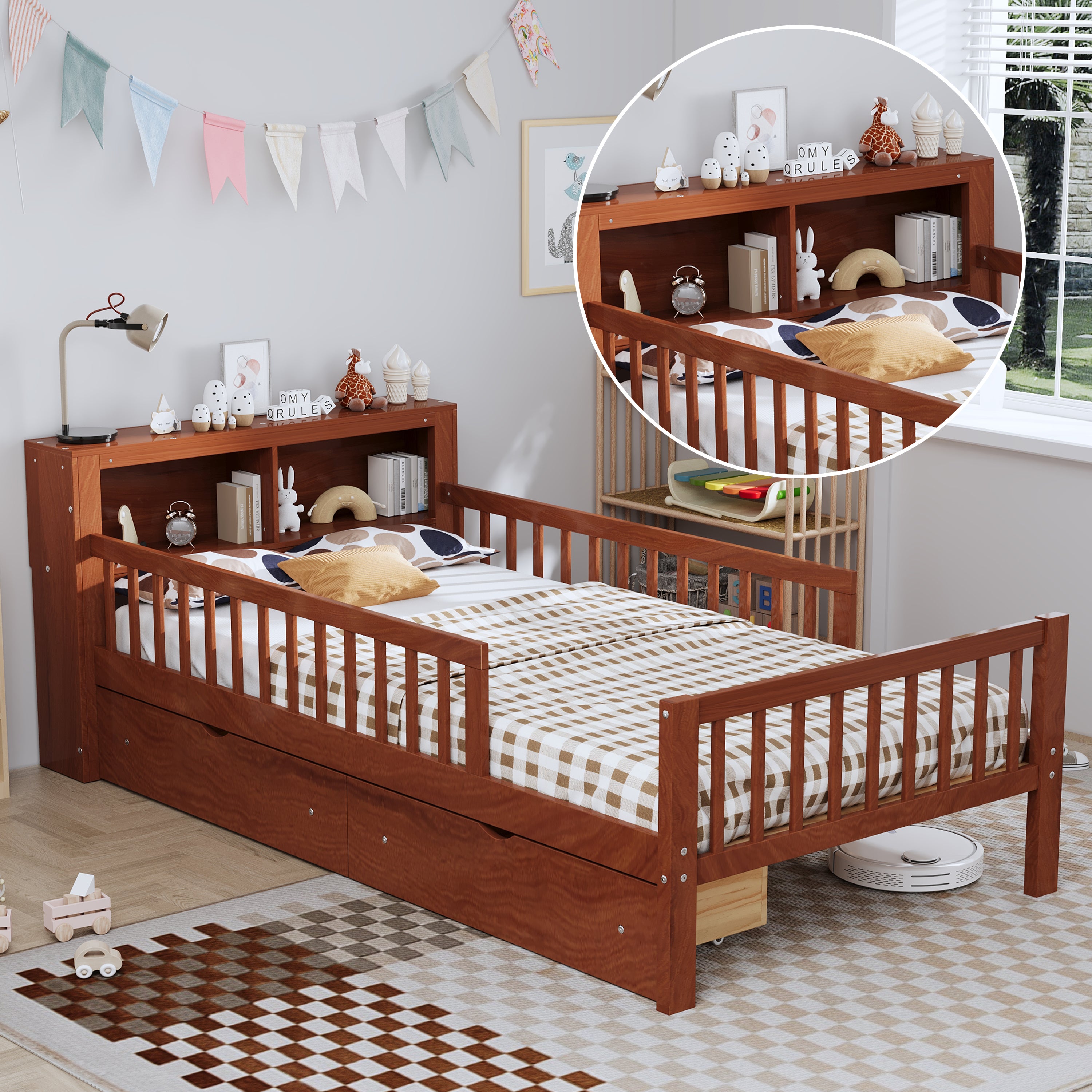 Twin Size Bed with Headboard Storage Rack, Two Under-Bed Drawers