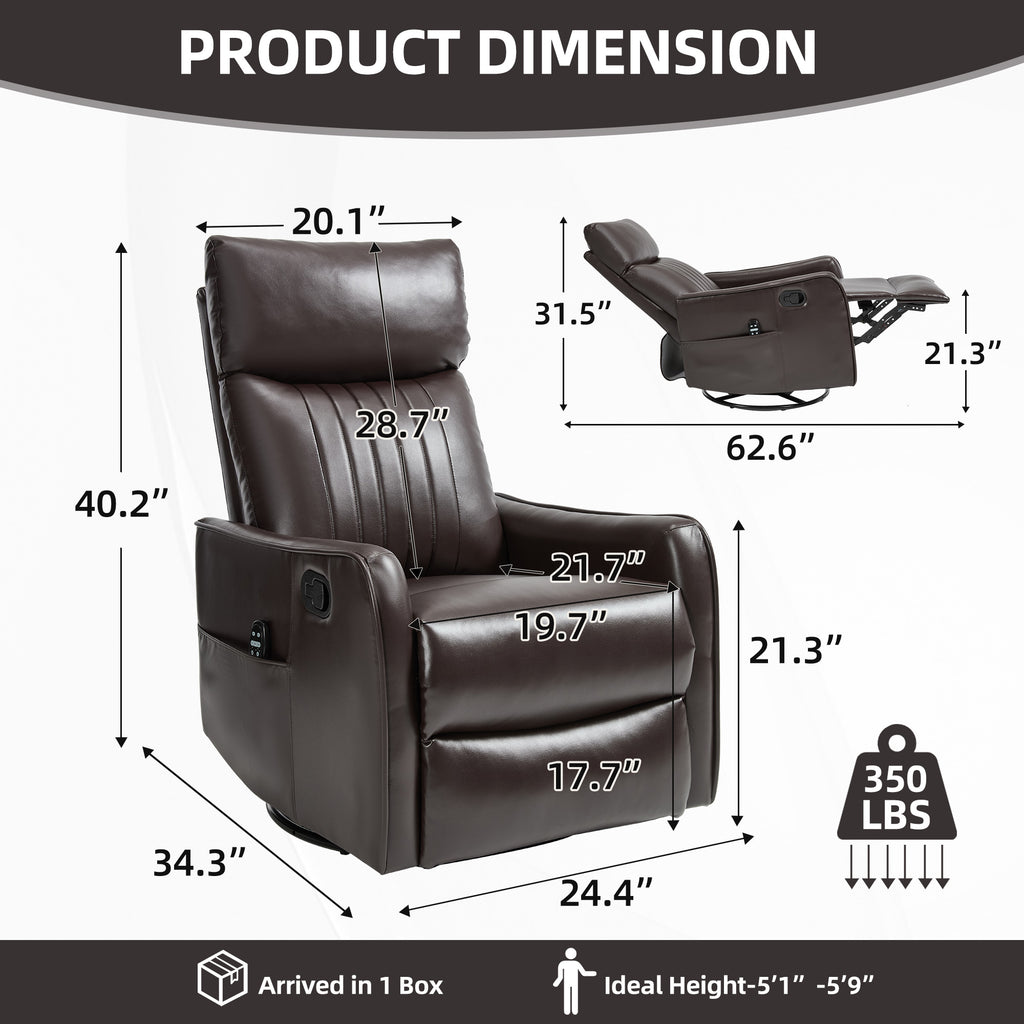 Brown Faux Leather Heat Massage Manual Recliner Chair