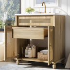 30-Inch Bathroom Vanity: Handwoven Rattan Doors, Solid Wood Legs & Resin Basin