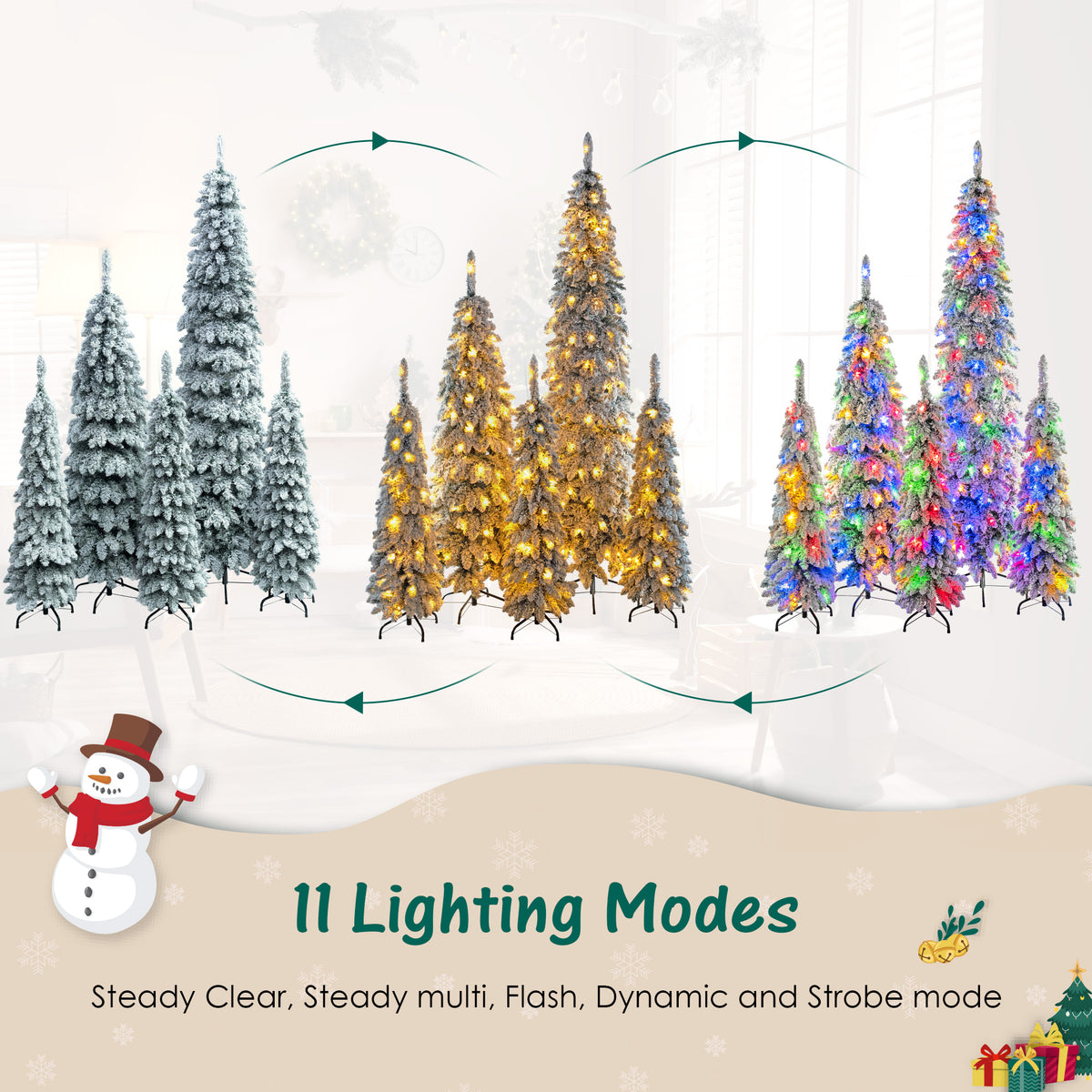 5-Piece Pre-Lit Pencil Christmas Tree Set, 8ft/6ft/4ft, Snow-Flocked, 350 LED Lights