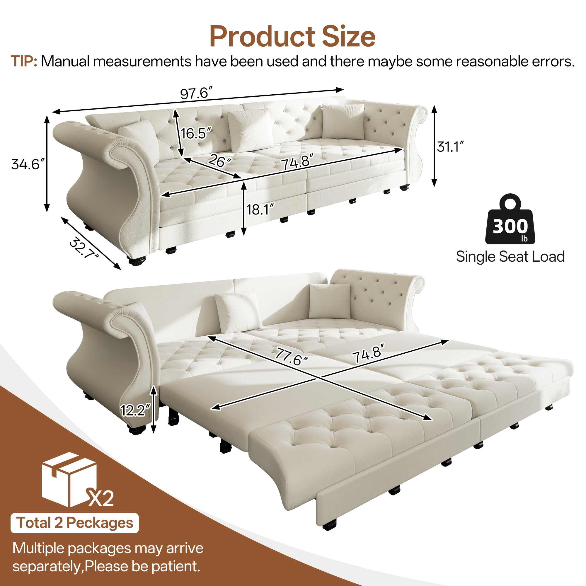 97.6" Oversized Chesterfield Pull Out Sofa Bed
