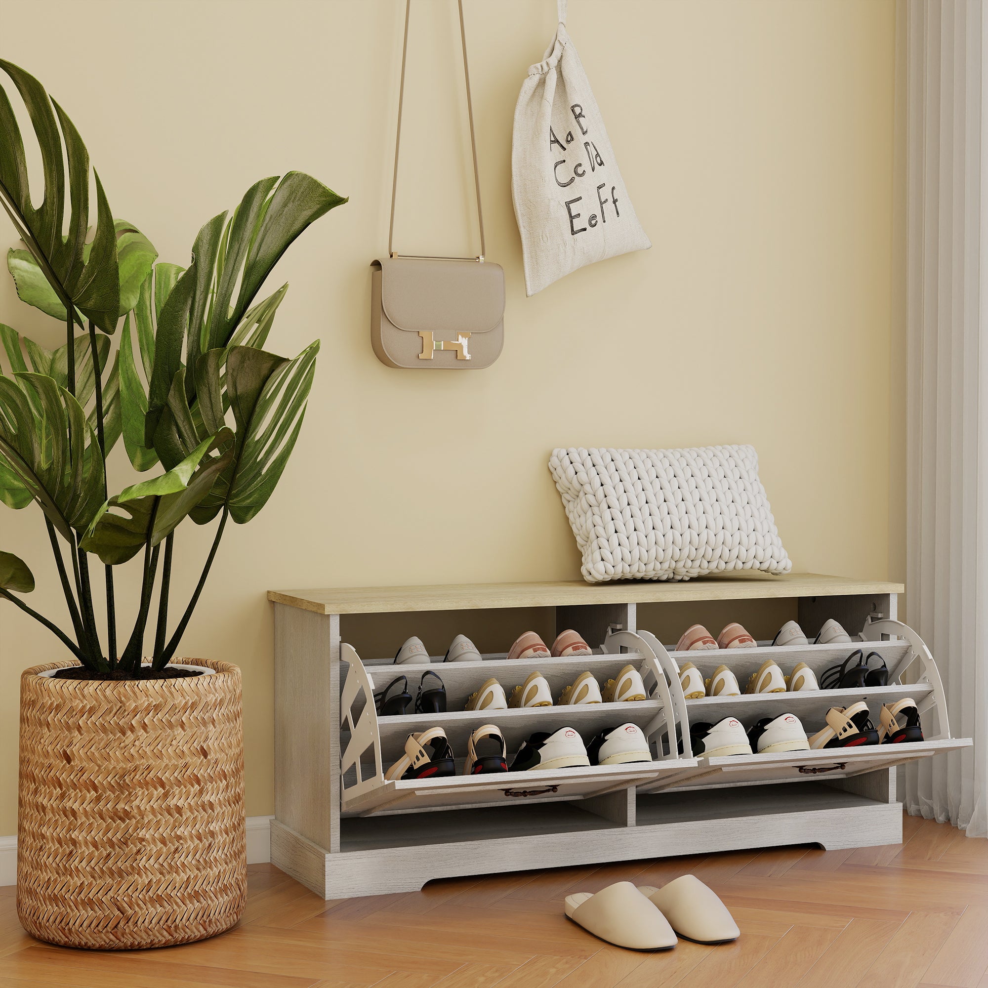 Shoe Storage Bench with 2 Flip Drawers and Adjustable Shelf