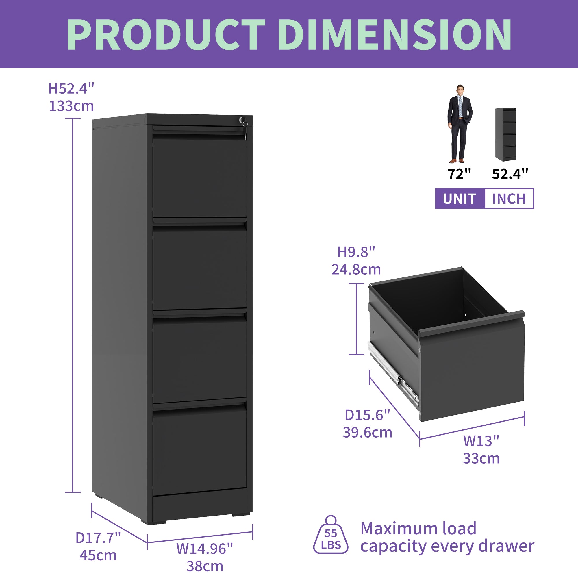 4 Drawer Metal Vertical File Cabinet with Lock