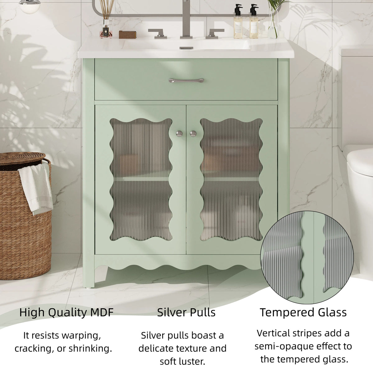 30 Inch Bathroom Vanity with Tempered Glass