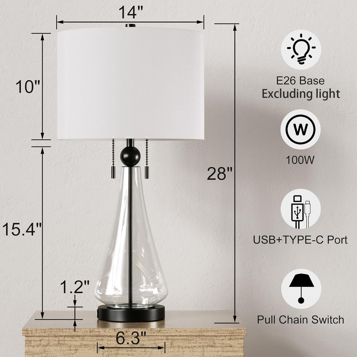 Modern Glam Glass Table Lamp, 28 Inches, USB Charging, Nickel