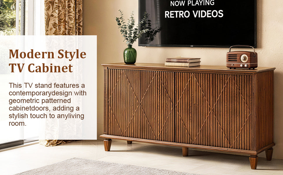 58" Mid Century Modern TV Stand, Wood Storage Cabinet with Carved Geometric Doors, 4 Door Media Console, Sideboard Buffet Cabinet for Living Room, Dining Room, Entryway 
WLRR