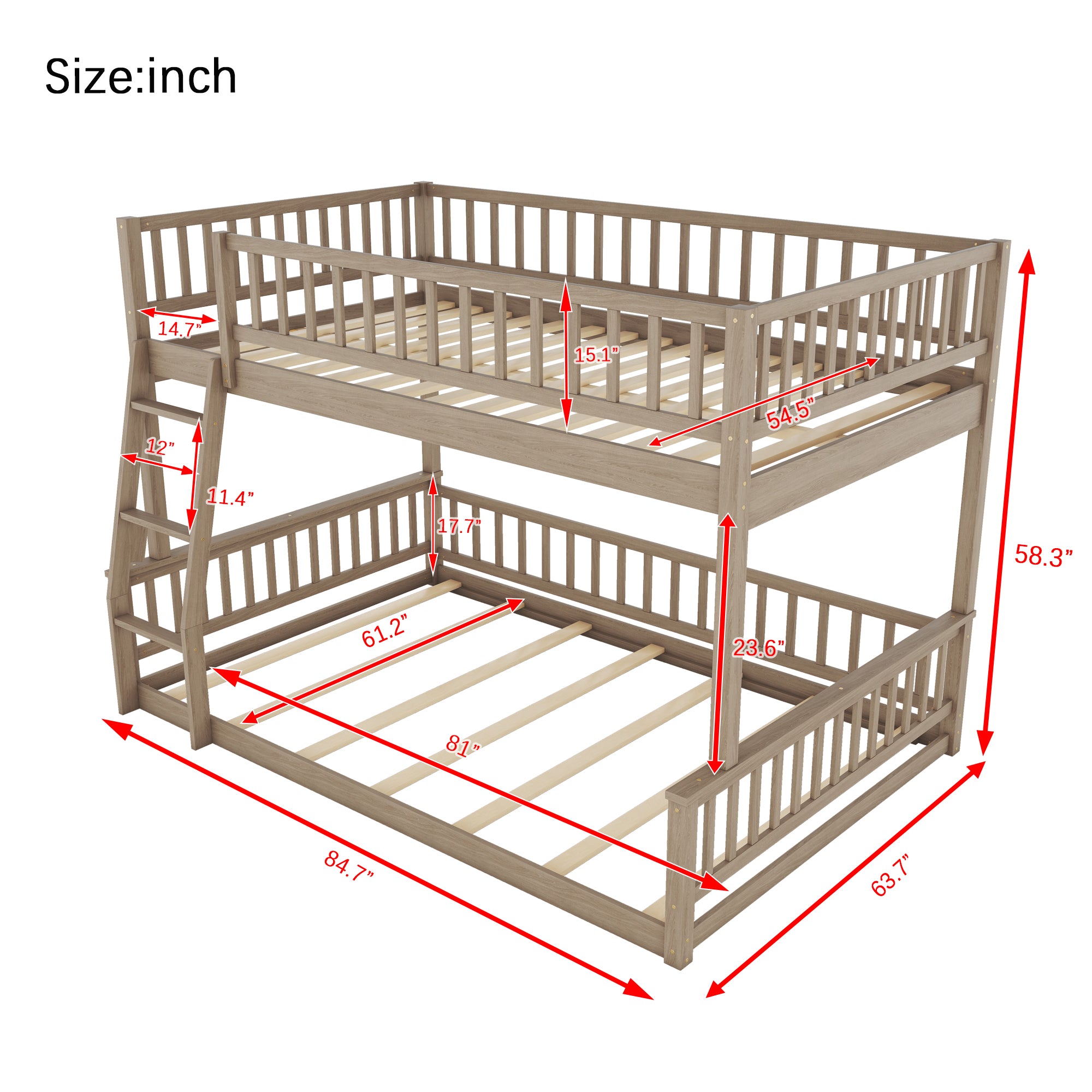 Full XL Over Queen Bunk Bed with Ladder and Guardrails