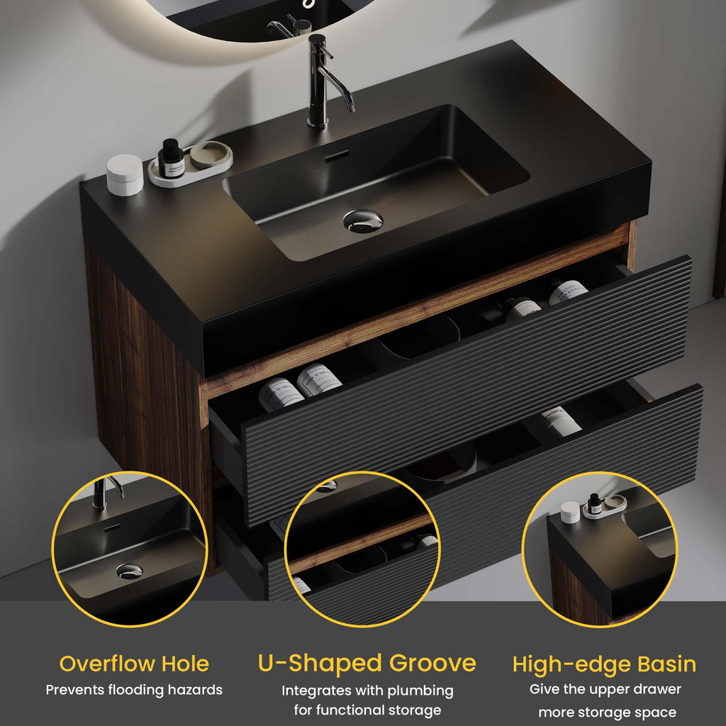Grace 36" Wall-Mounted Bathroom Vanity, Walnut and Black with Solid Surface Sink