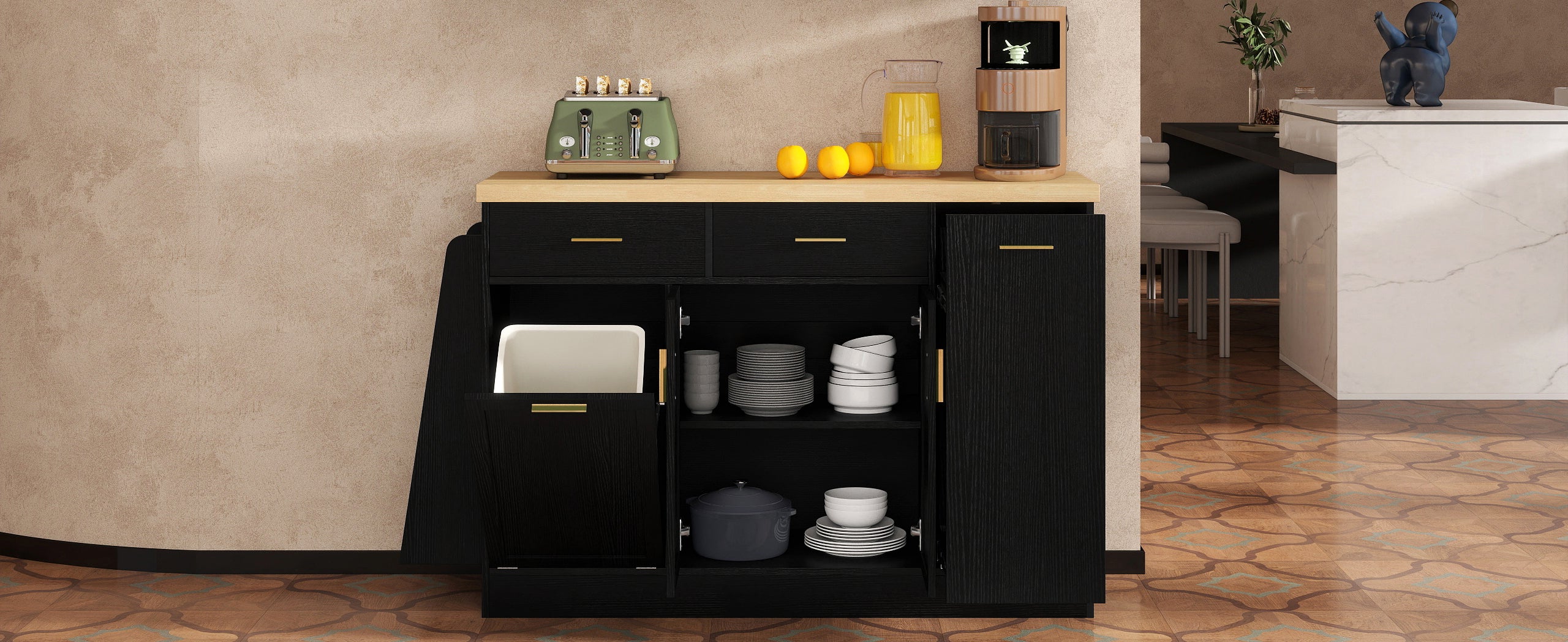 TREXM Multi-Functional Storage Sideboard, Trash Can Storage, Black