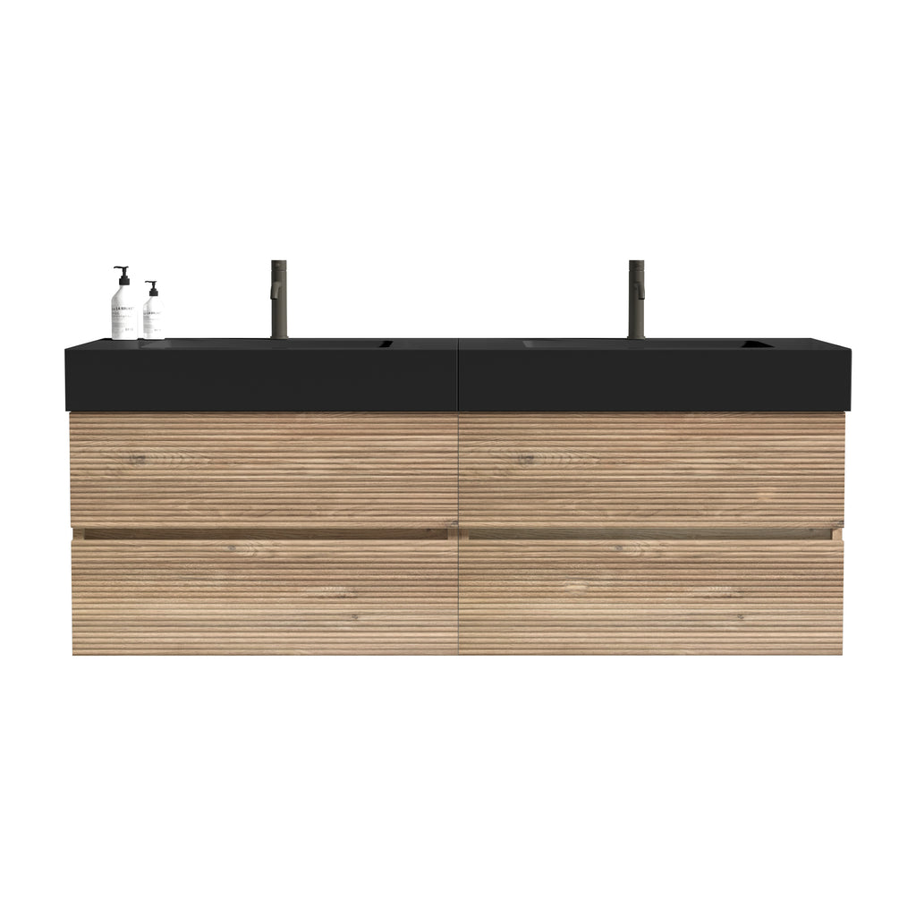 Grace 60-Inch Double Drawer Wall-Mount Bathroom Vanity, Black Oak with Solid Surface Sink
