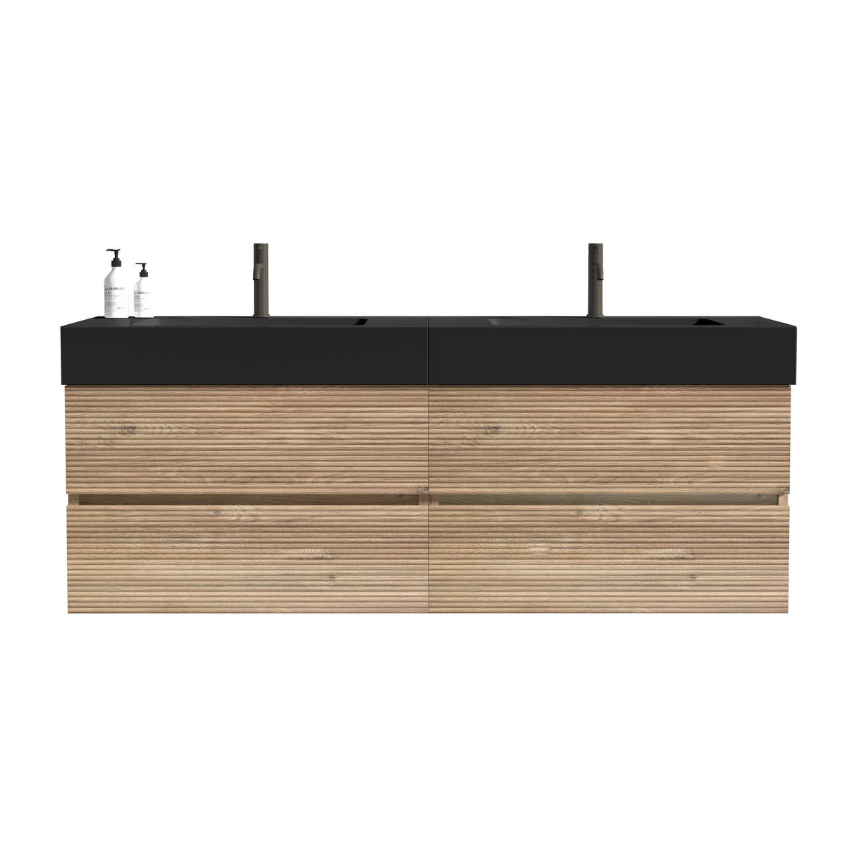 Grace 60-Inch Double Drawer Wall-Mount Bathroom Vanity, Black Oak with Solid Surface Sink