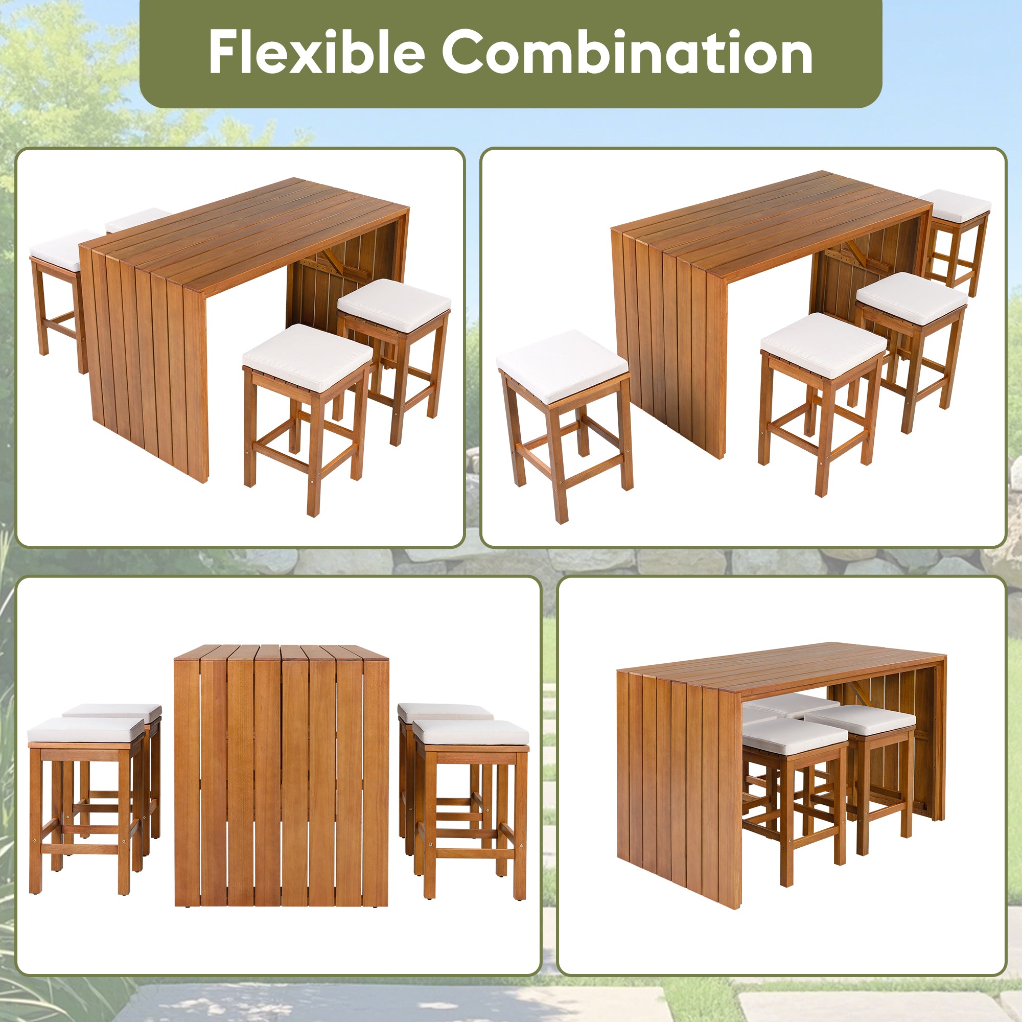 5 Piece Outdoor Bar Set, Patio Acacia Wood Bar Height Table & Stools