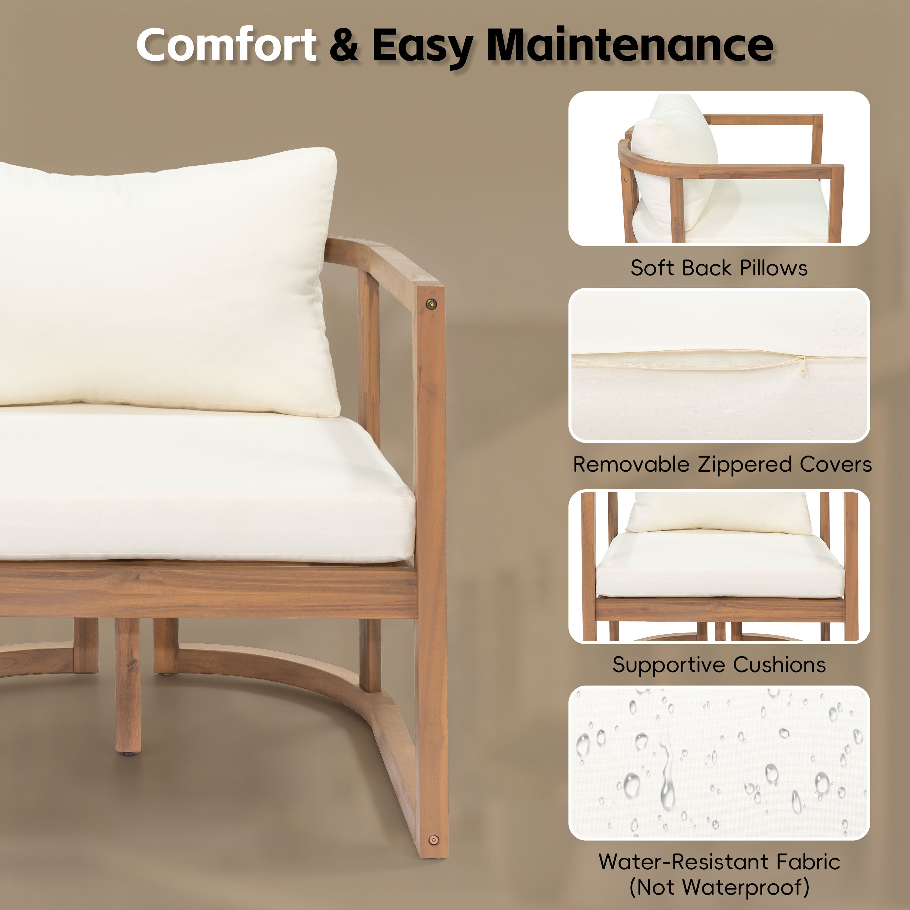 TOPMAX 4-Piece Modern Acacia Wood Sofa Set