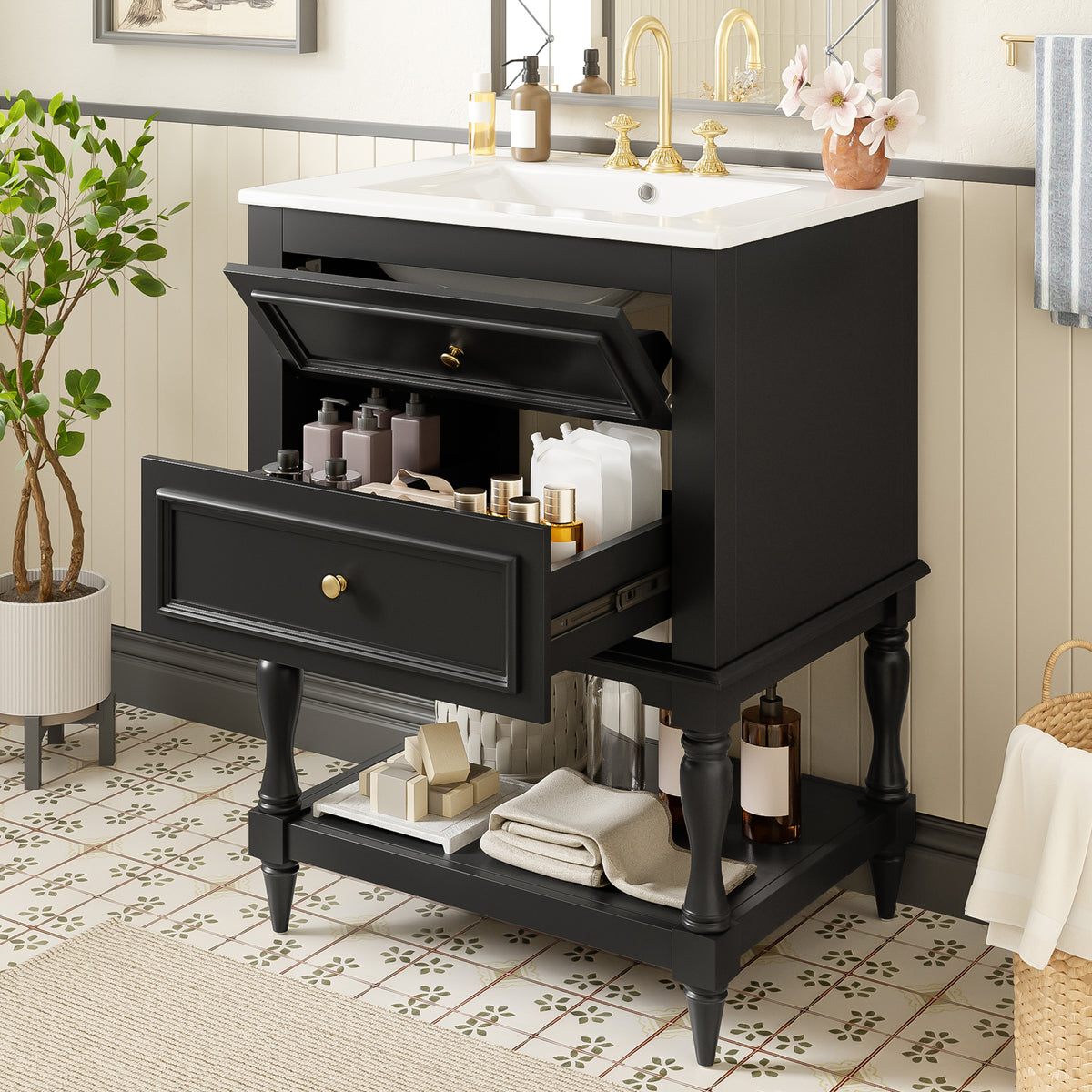 24-Inch Bathroom Vanity with Ceramic Sink, Retro Design, Black