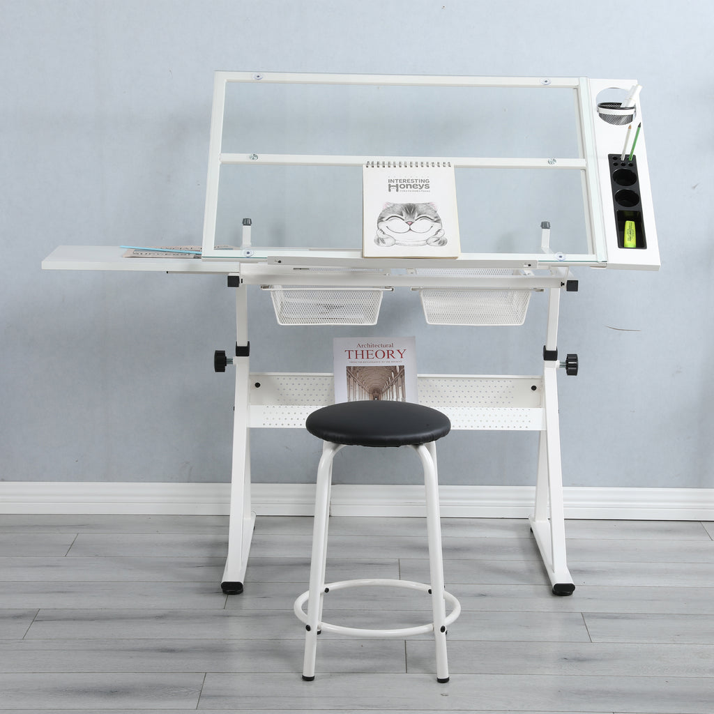 White Adjustable Tempered Glass Drafting Table with Chair