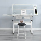 White Adjustable Tempered Glass Drafting Table with Chair