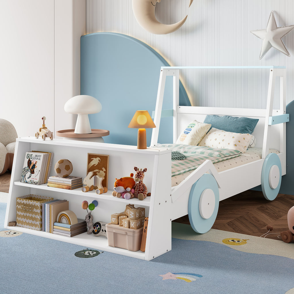 Twin Size Car Bed with Storage Shelves, Kids Platform Bed