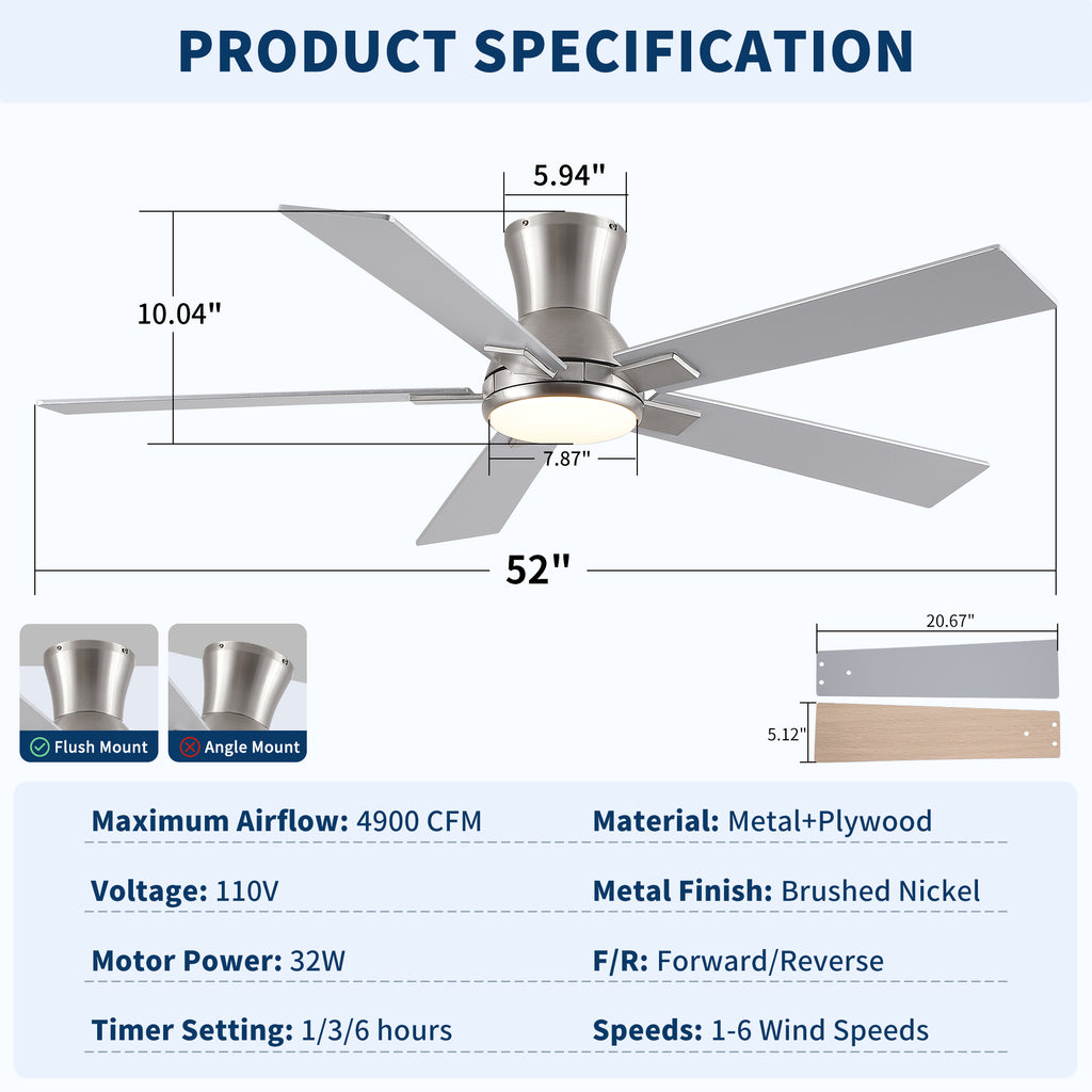 52" Modern Brushed Nickel Finish Reversible Quiet Motor Ceiling Fan