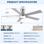 52" Modern Brushed Nickel Finish Reversible Quiet Motor Ceiling Fan