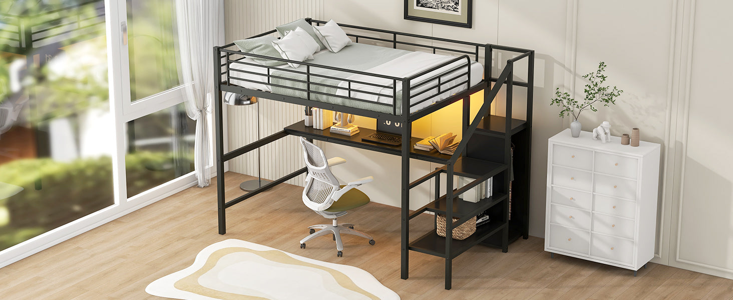 Full Size Metal Loft Bed with Desk, Storage Staircase, Small Wardrobe and LED Light