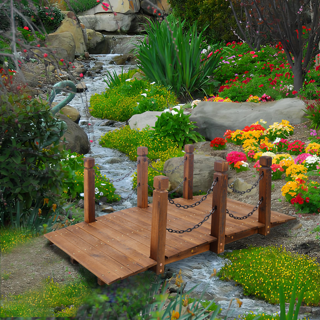 5 Ft Wooden Garden Bridge, Stained Wood Arc Footbridge