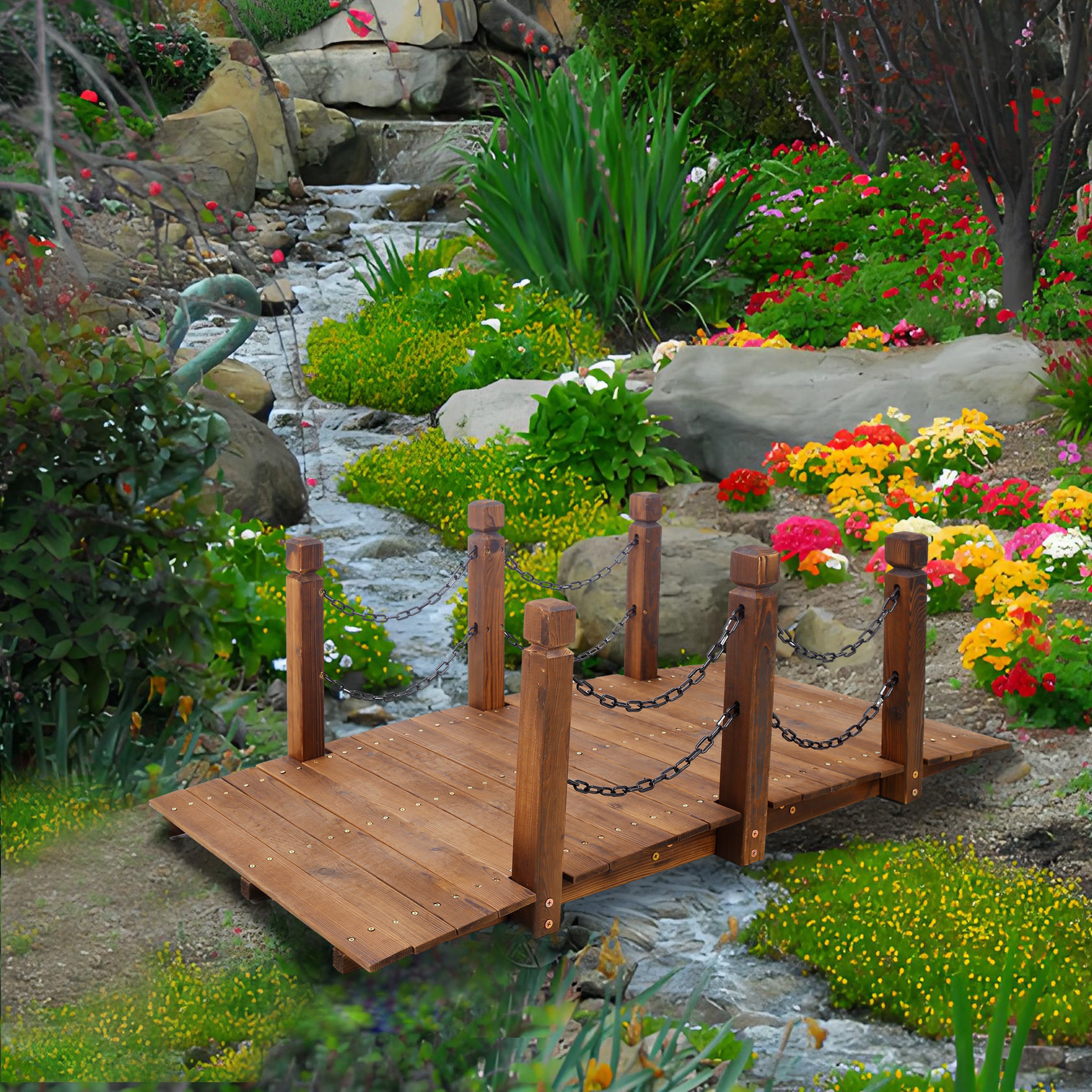 5 Ft Wooden Garden Bridge, Stained Wood Arc Footbridge