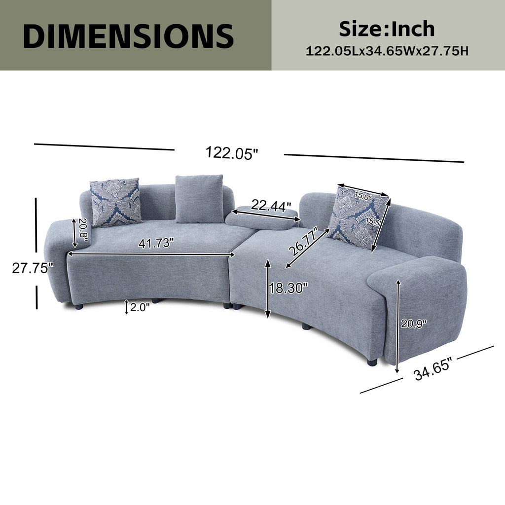 122-Inch Grey Curved Sofa, 4-Seat, Medium-Soft Fabric