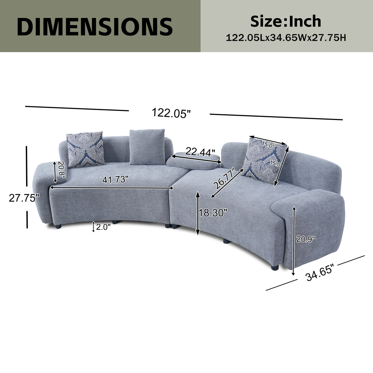 122-Inch Grey Curved Sofa, 4-Seat, Medium-Soft Fabric