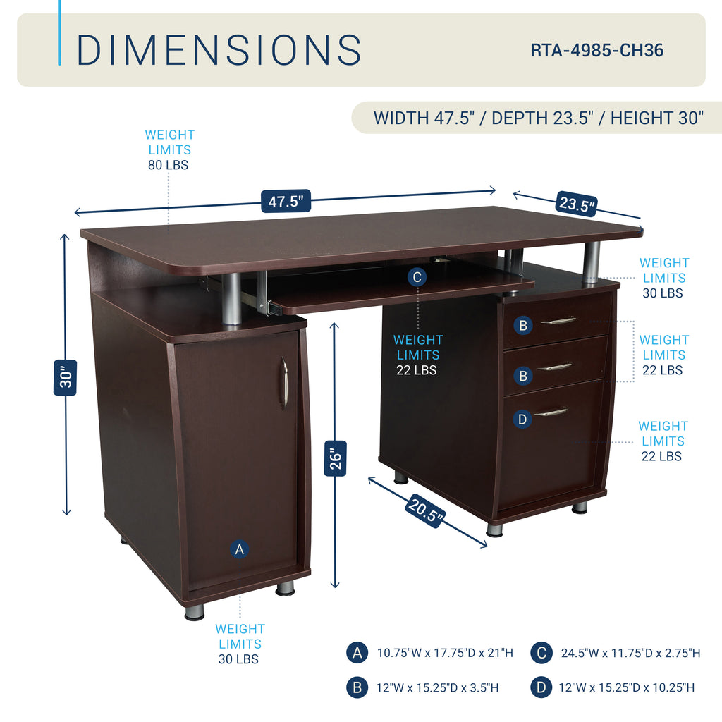 Techni Mobili Complete Workstation Computer Desk with Storage, Chocolate