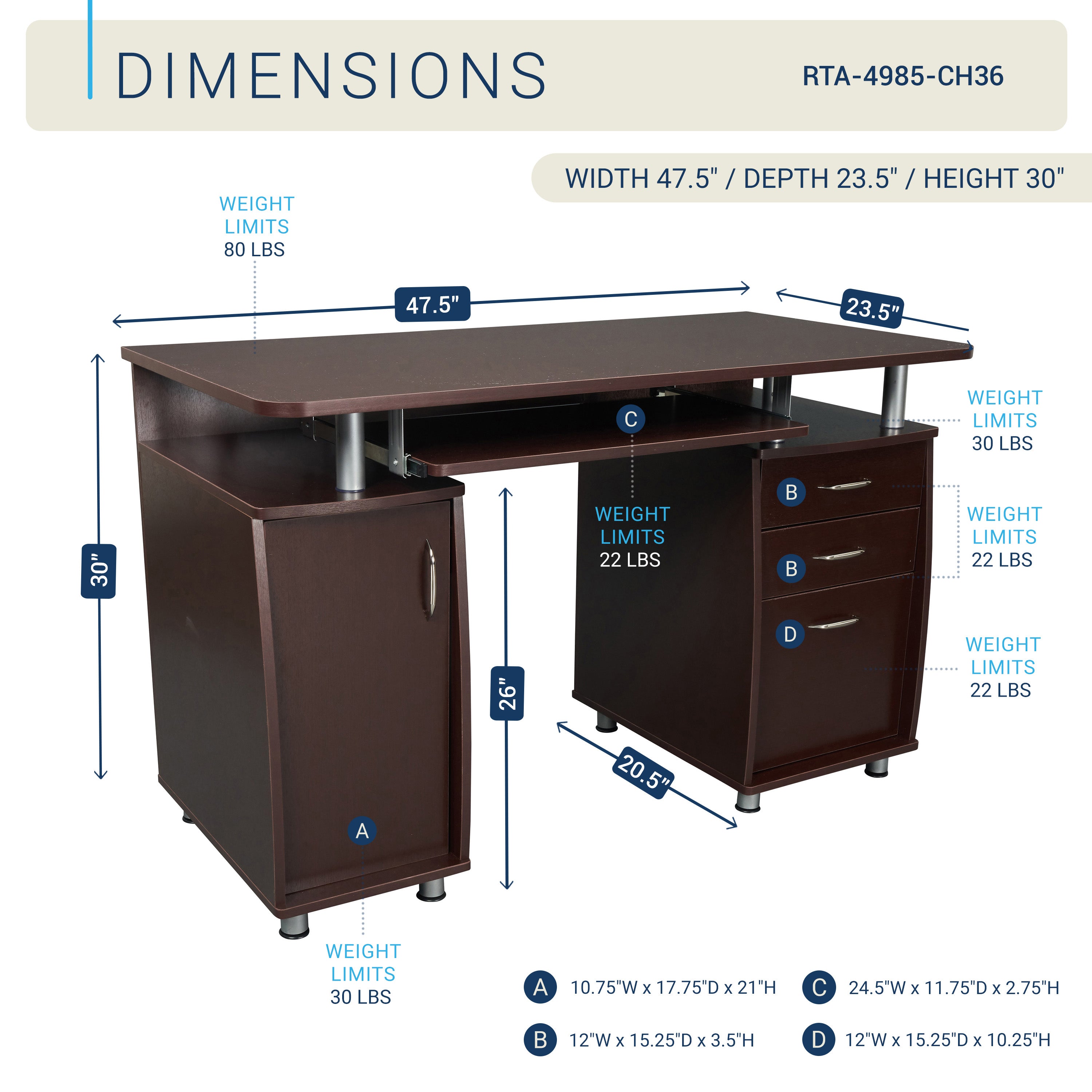 Techni Mobili Complete Workstation Computer Desk with Storage, Chocolate
