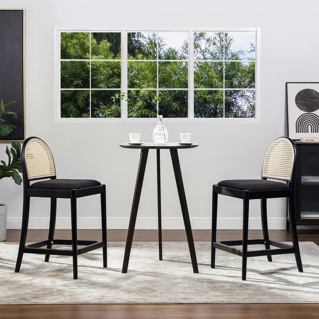 Panama 26.5" Curved Back Cane Rattan Counter Stool, Set of 2, Ebony