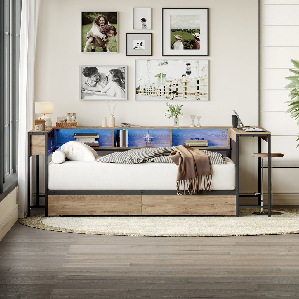 Corner Bed Frame Twin Size with Bookcase and Storage Drawers
