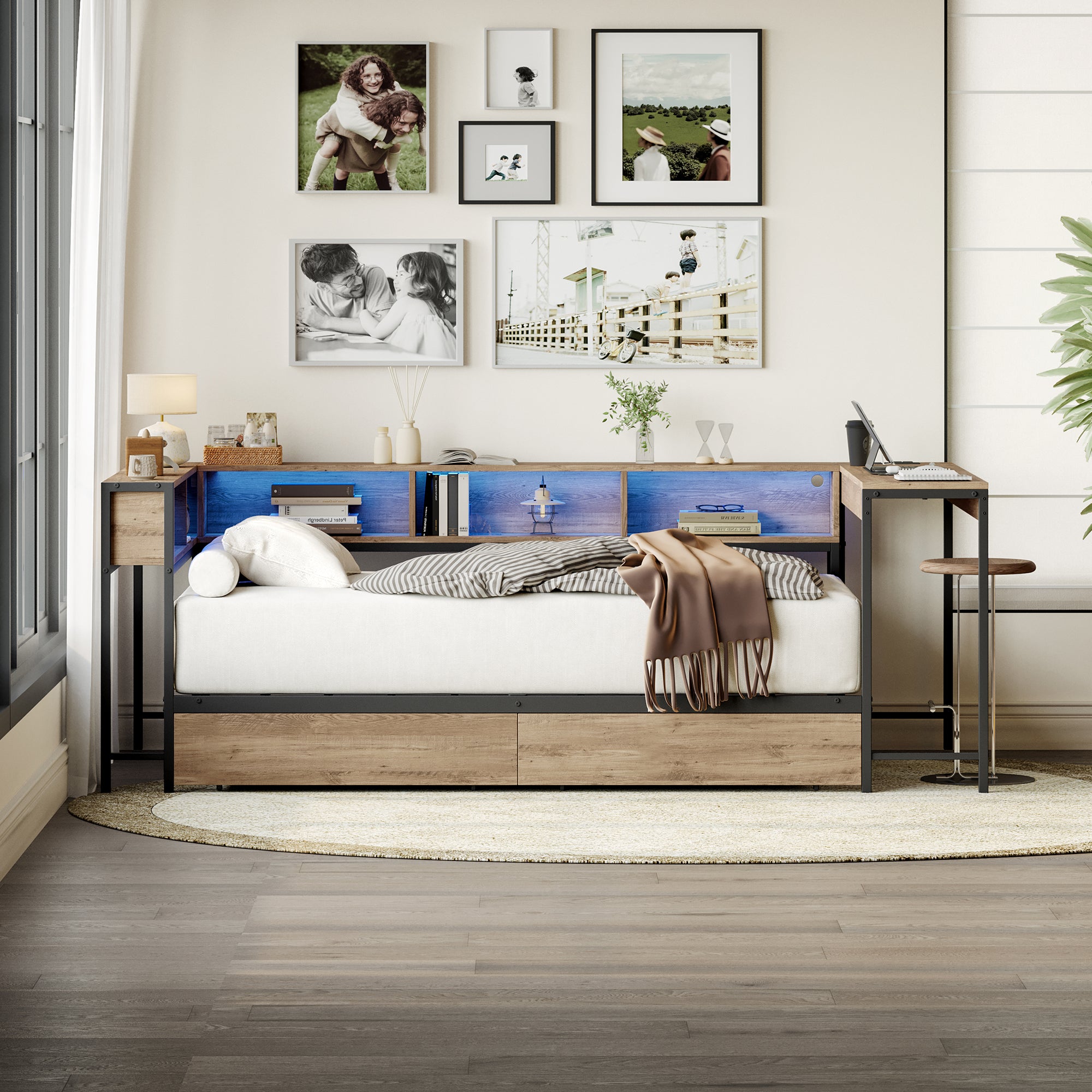Corner Bed Frame Twin Size with Bookcase and Storage Drawers