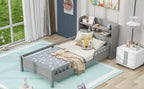 Wood Twin Size Platform Bed with Built-in LED Light, Storage Headboard and Guardrail, Antique