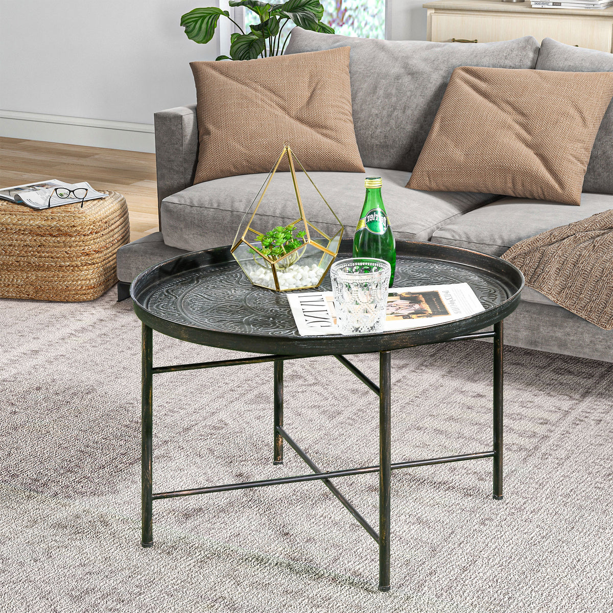 HOMCOM 24-Inch Round Coffee Table with Hammered Tray Top, Pewter