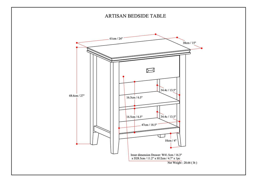 Artisan 24 Inch Wide Solid Wood Bedside Table