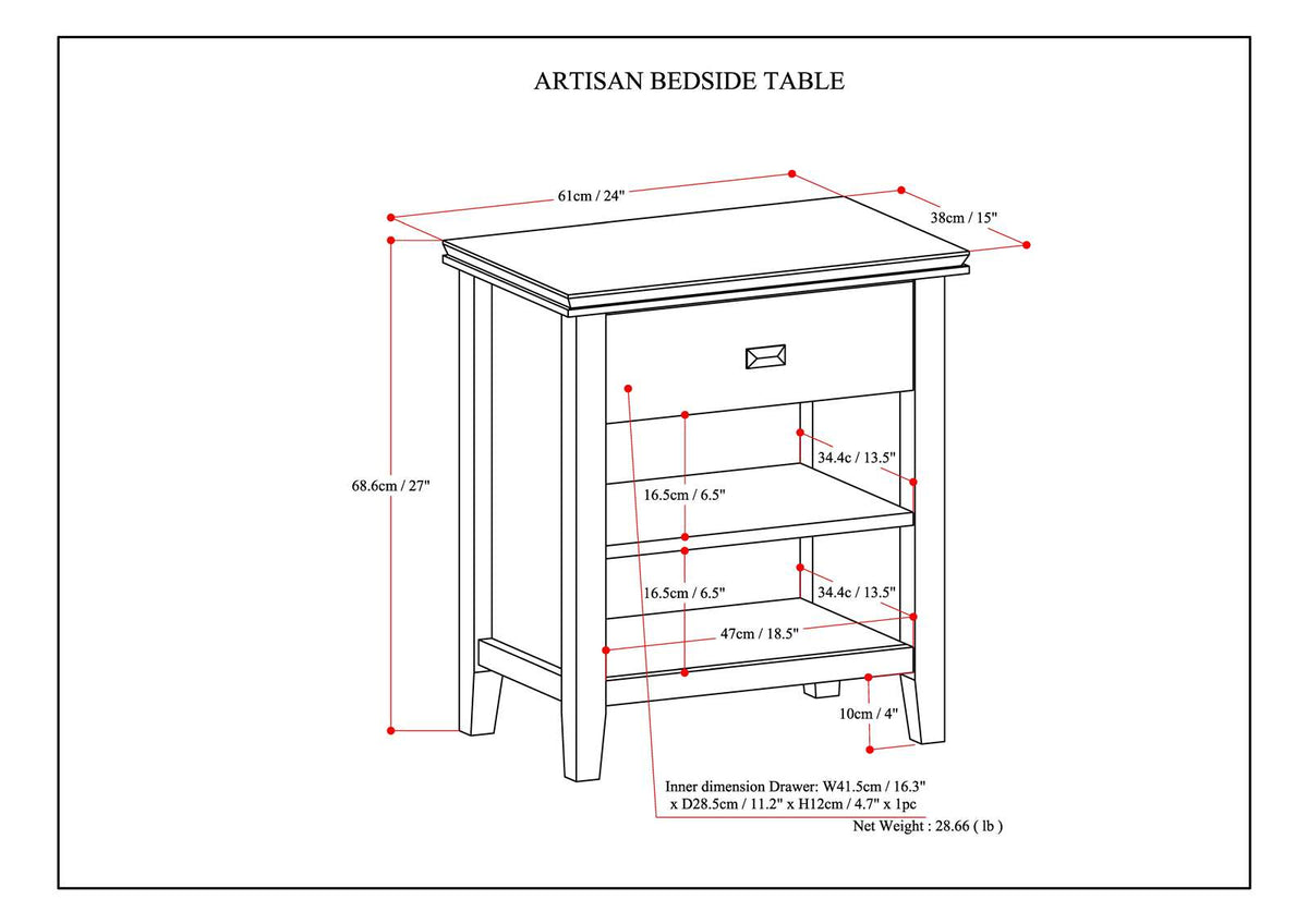 Artisan 24 Inch Wide Solid Wood Bedside Table