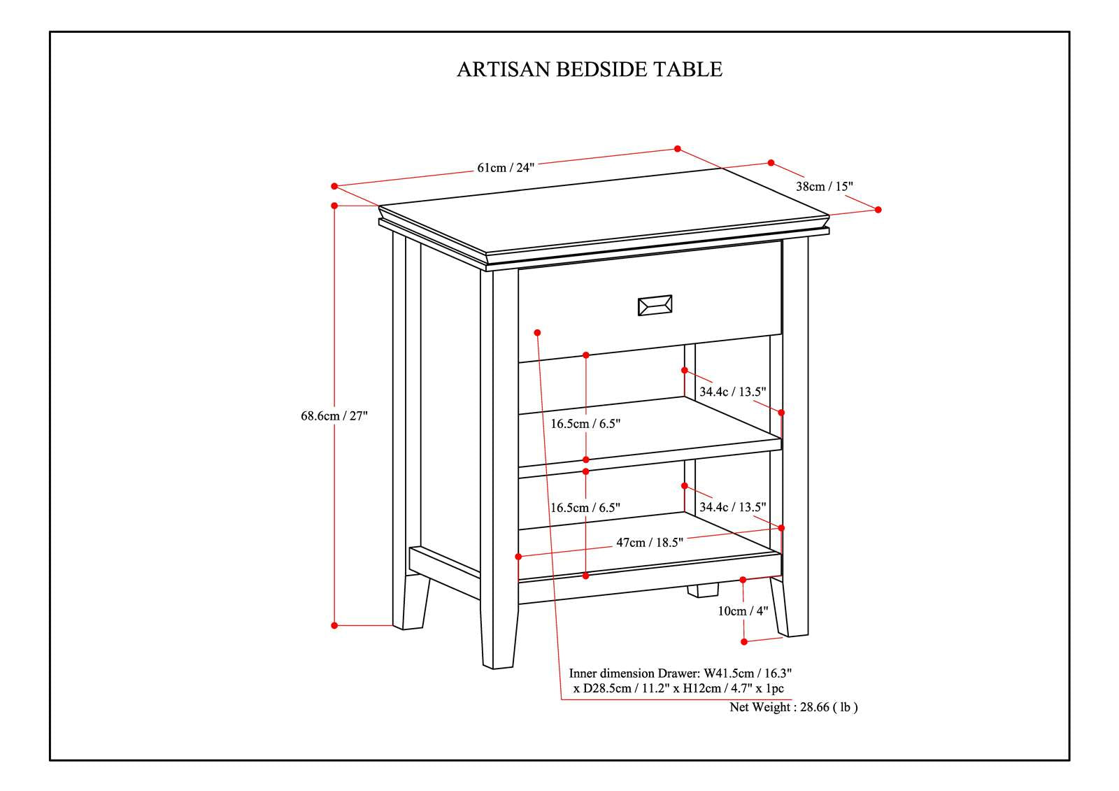 Artisan 24 Inch Wide Solid Wood Bedside Table in Distressed Grey