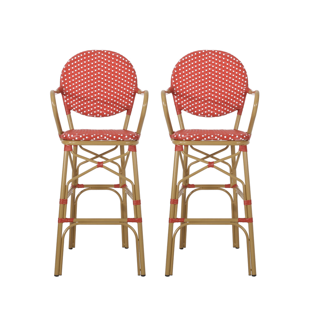 Outdoor Wicker and Aluminum 29.5" French Barstools, Set of 2