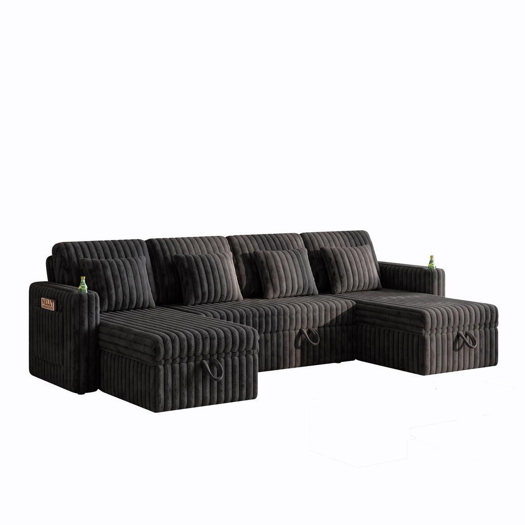 U Shaped Plush Corduroy Sectional Sleeper Sofa