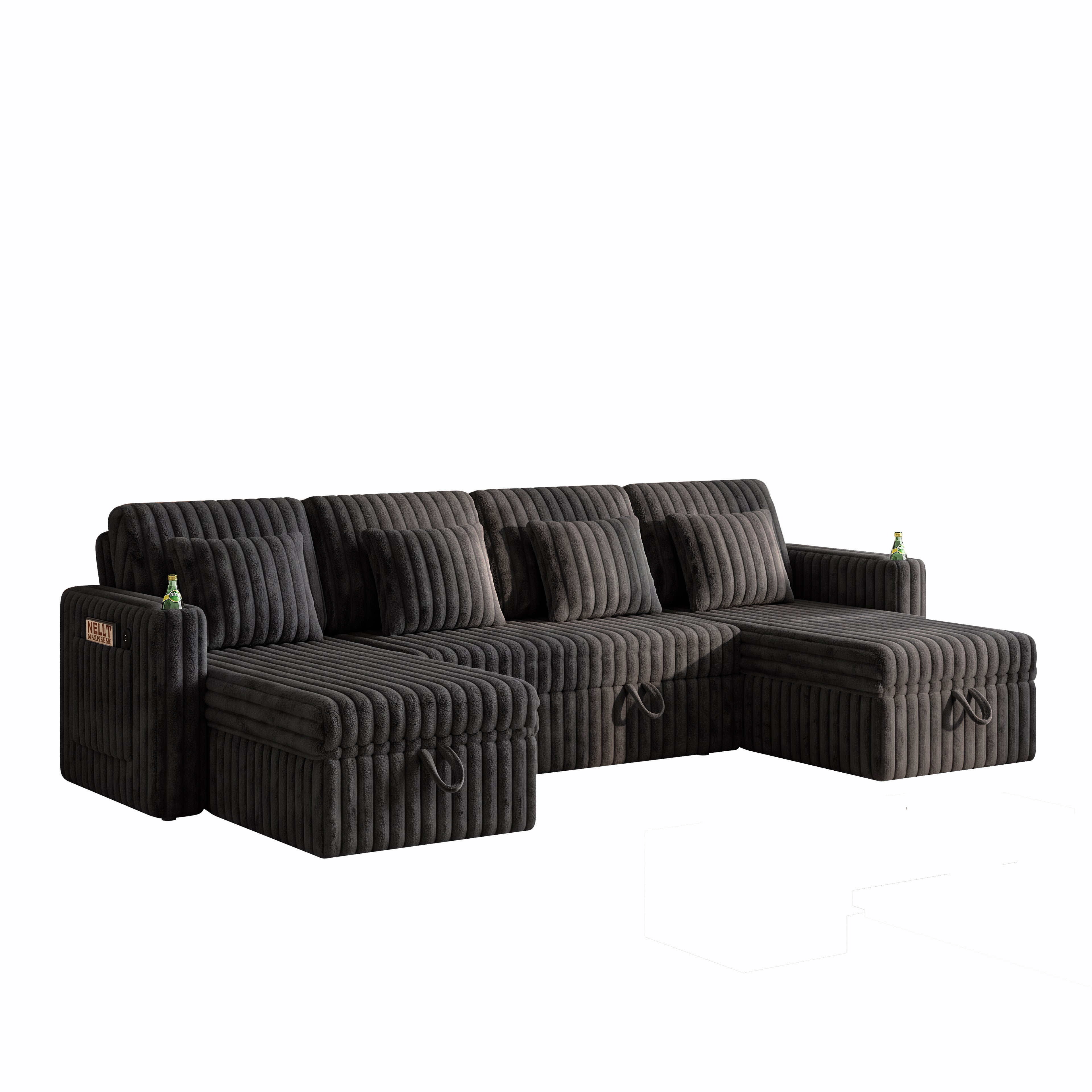 U Shaped Plush Corduroy Sectional Sleeper Sofa