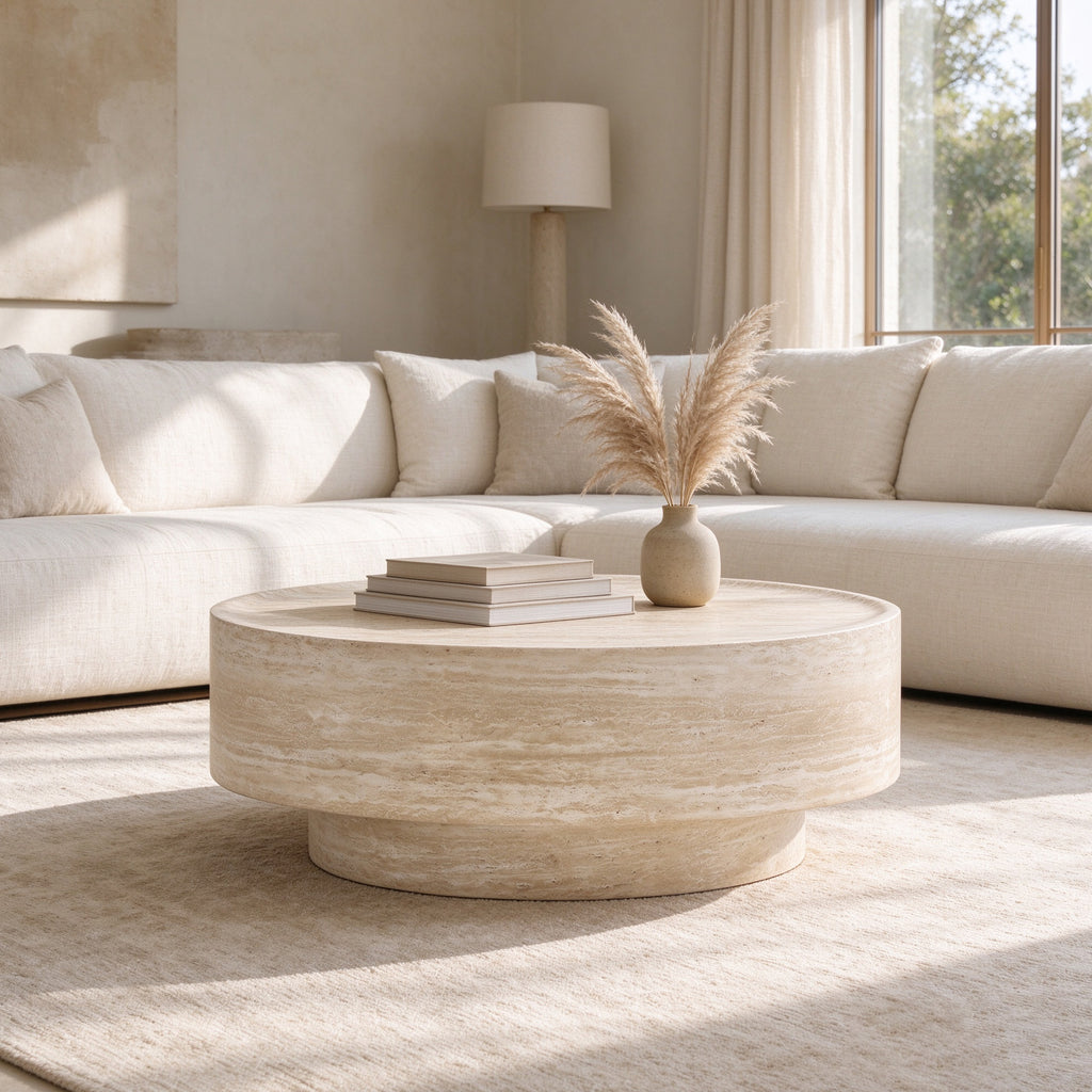 Round 35.43-Inch Coffee Table, Travertine-Look Fiberglass, Beige Yellow