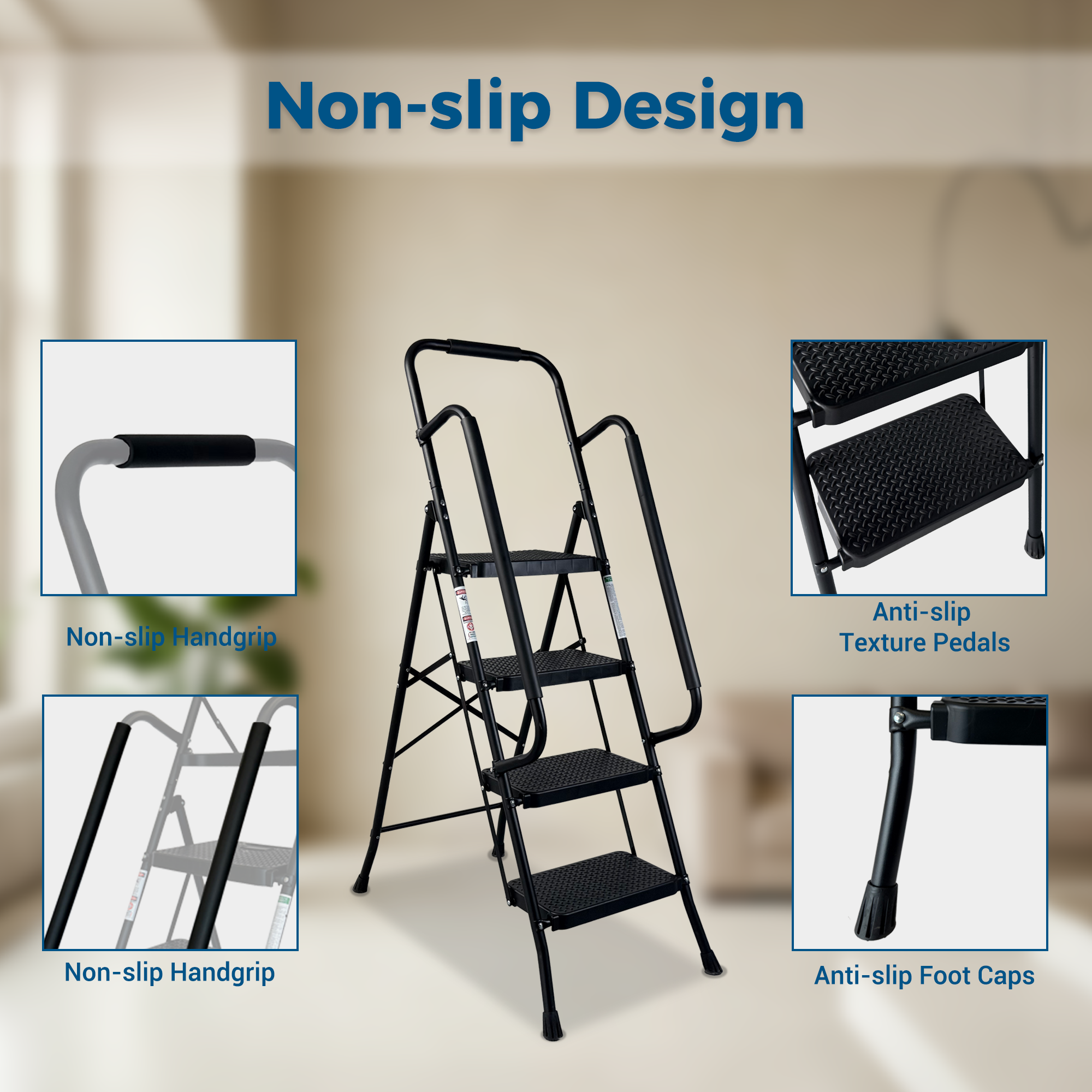 4 Step Ladder, Folding Step Stool with Wide Anti-Slip Pedal