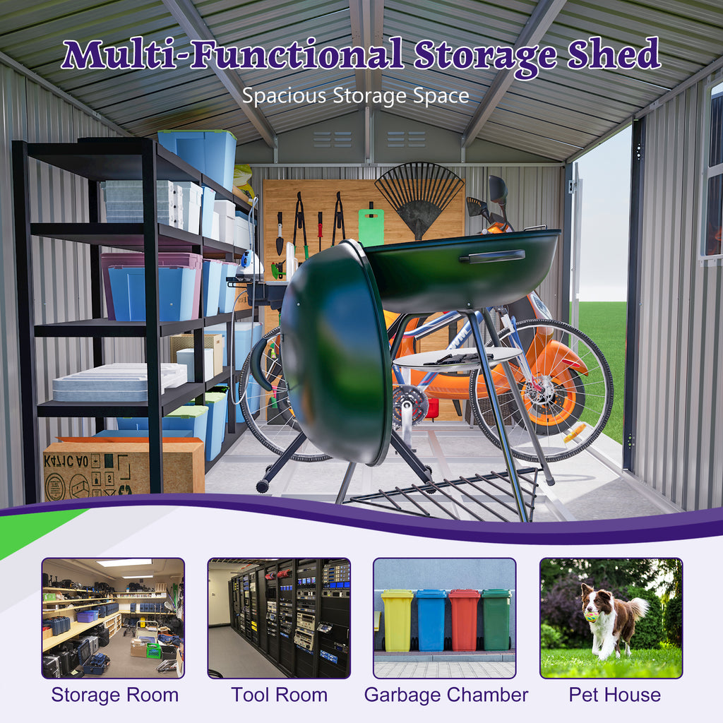 10X8FT Outdoor Steel Storage Shed with Clear Window
