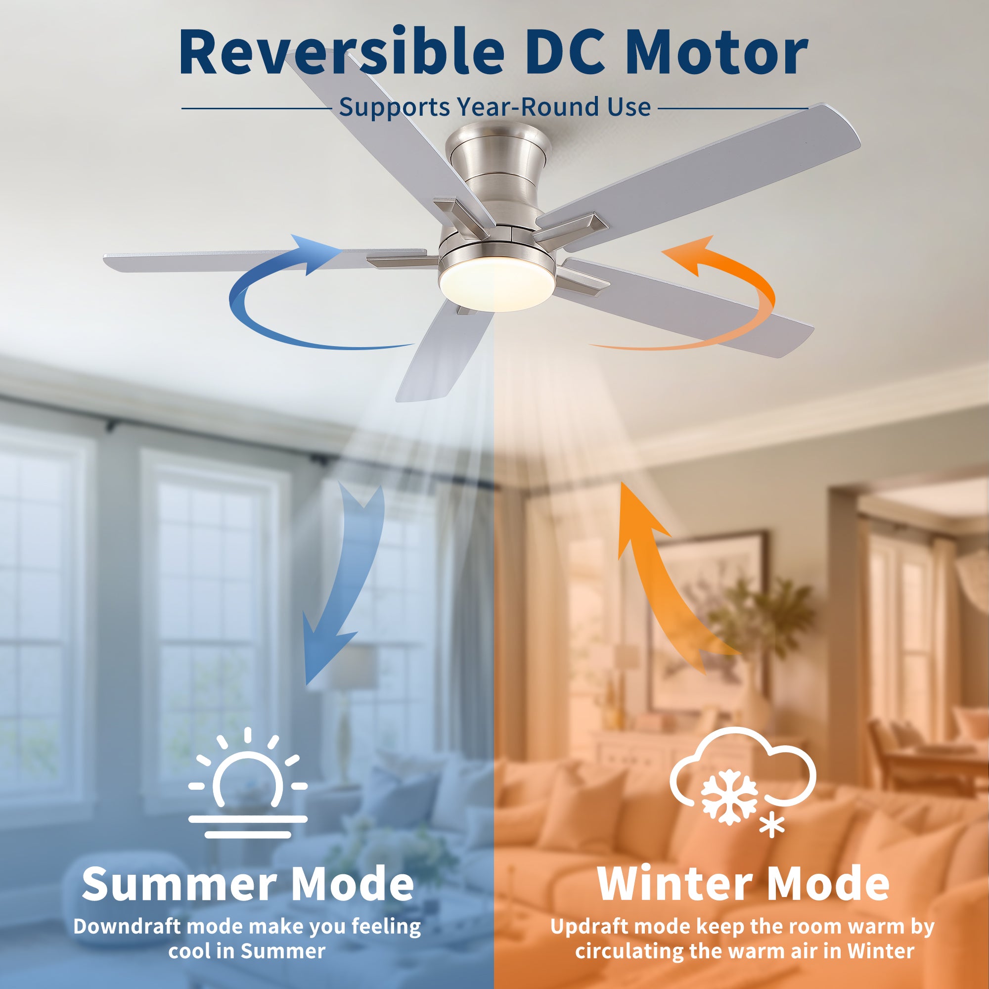 52" Modern Brushed Nickel Flush Mount Ceiling Fan with Light