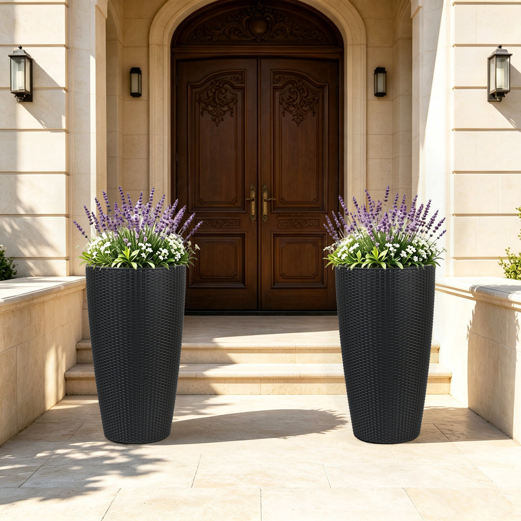 Set of 2 Faux Rattan Tall Planters